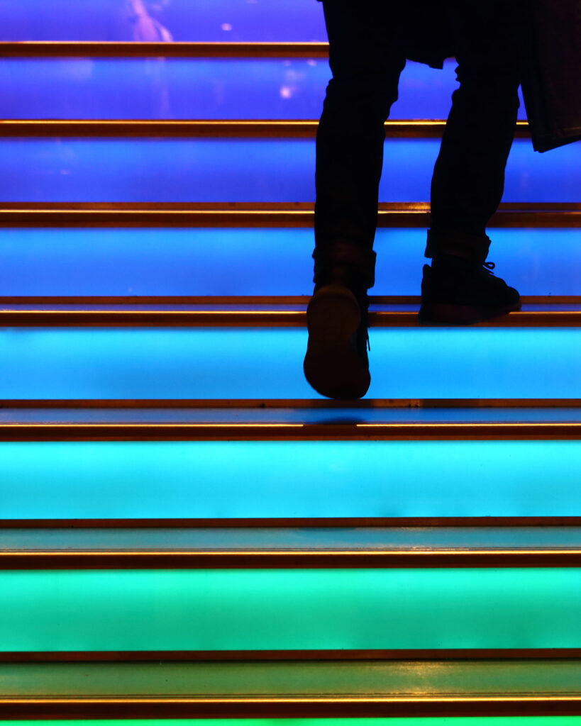 multi-colour architectural lighting solutions on stairway