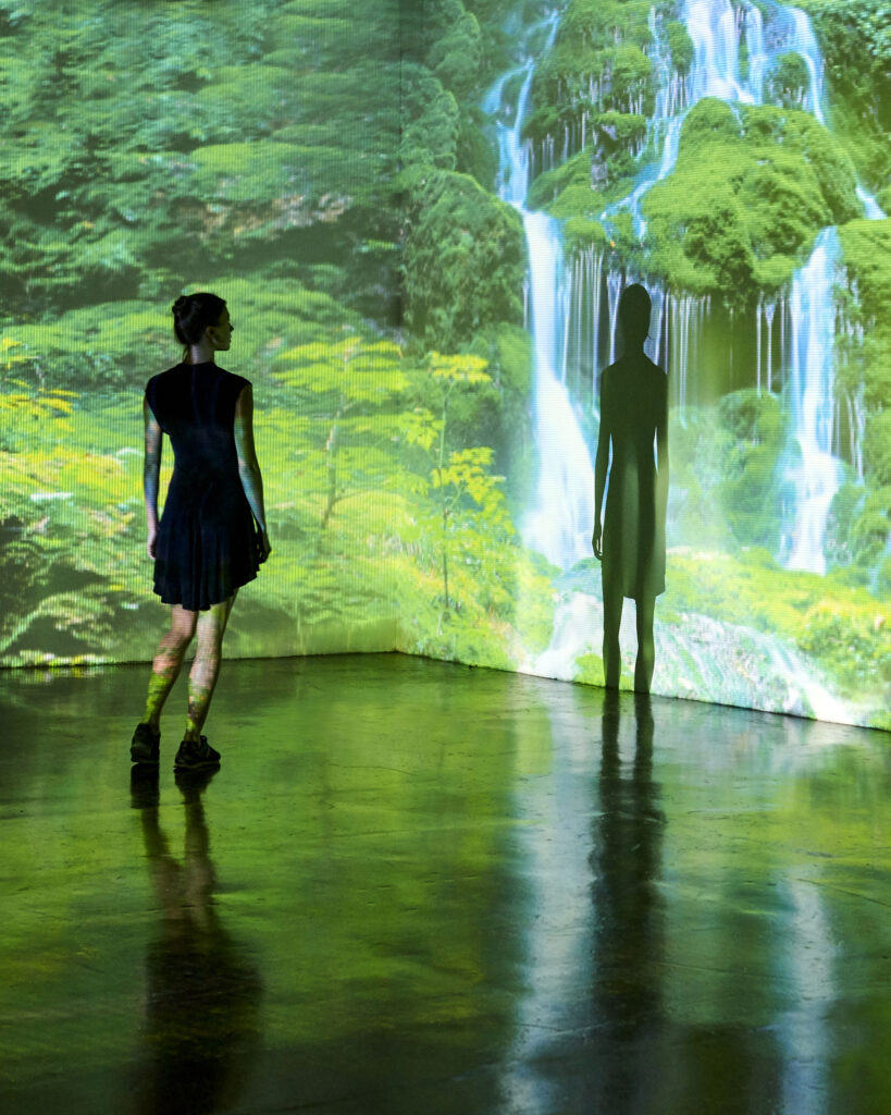 Girl looking at a large scale nature image projected on to a video wall