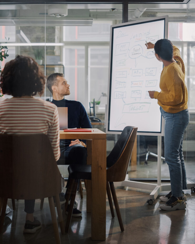 People using a meeting room with interactive whiteboards.