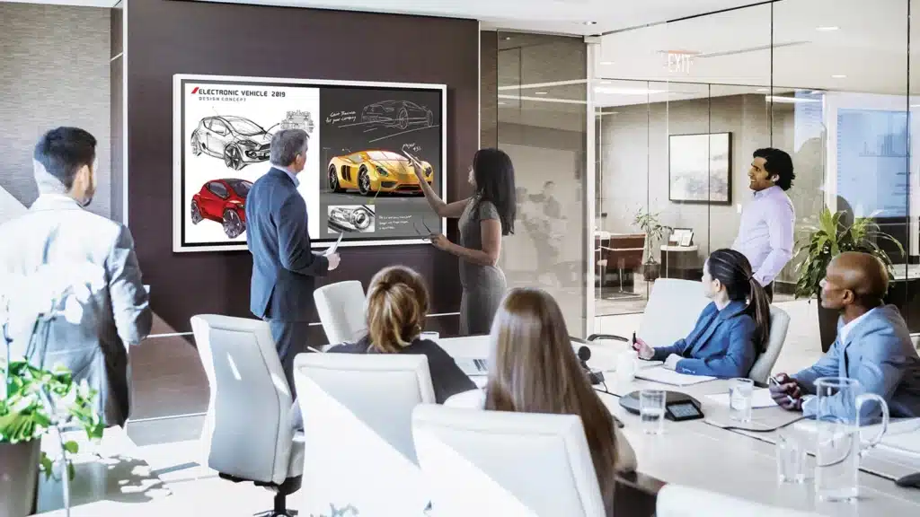 A meeting room space showing colleagues video conferencing with a sound solution.