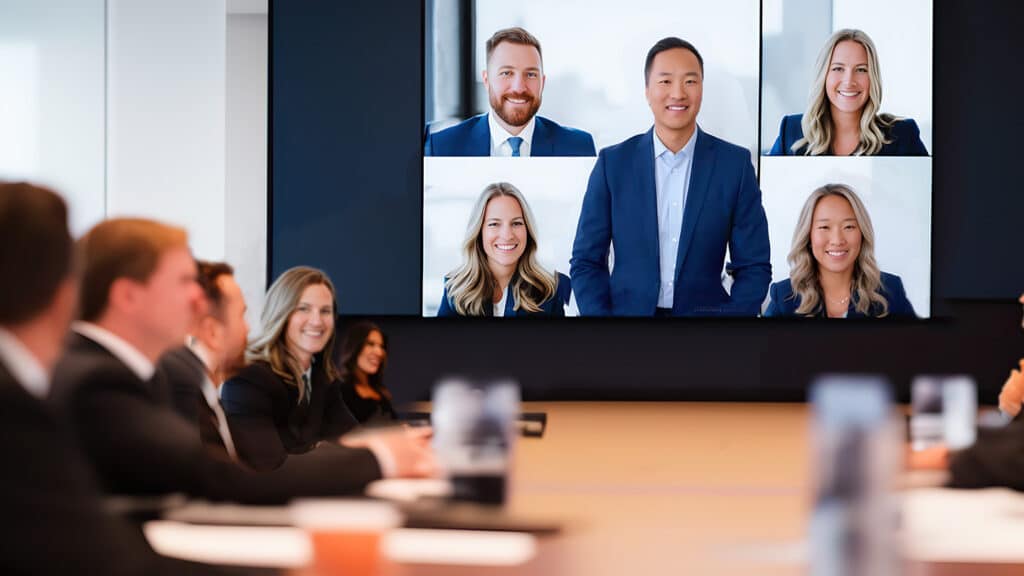 Colleagues in a meeting room space using video conferencing technology